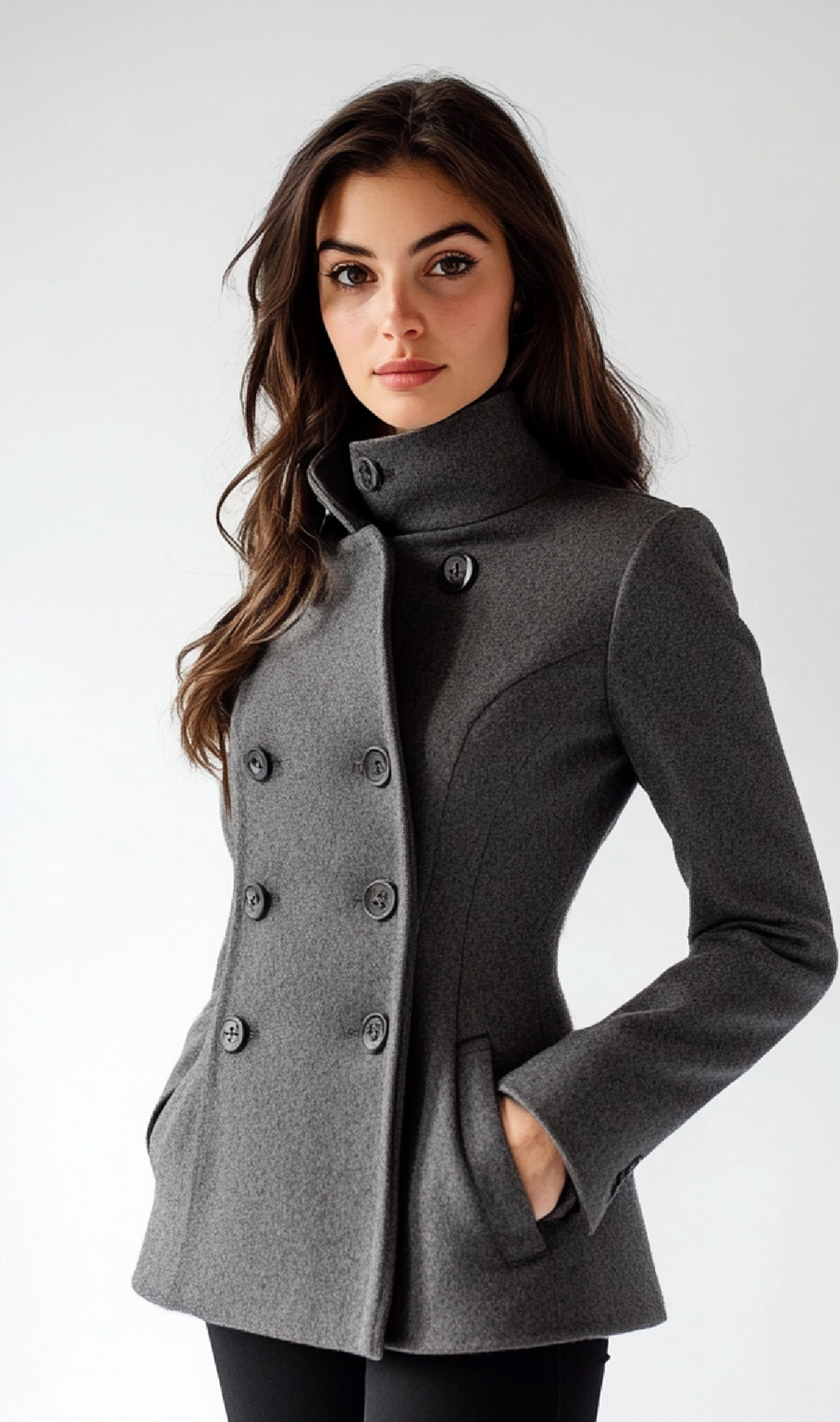 Tailored stand collar coat with double-breasted front, shaped waist, and angled pockets