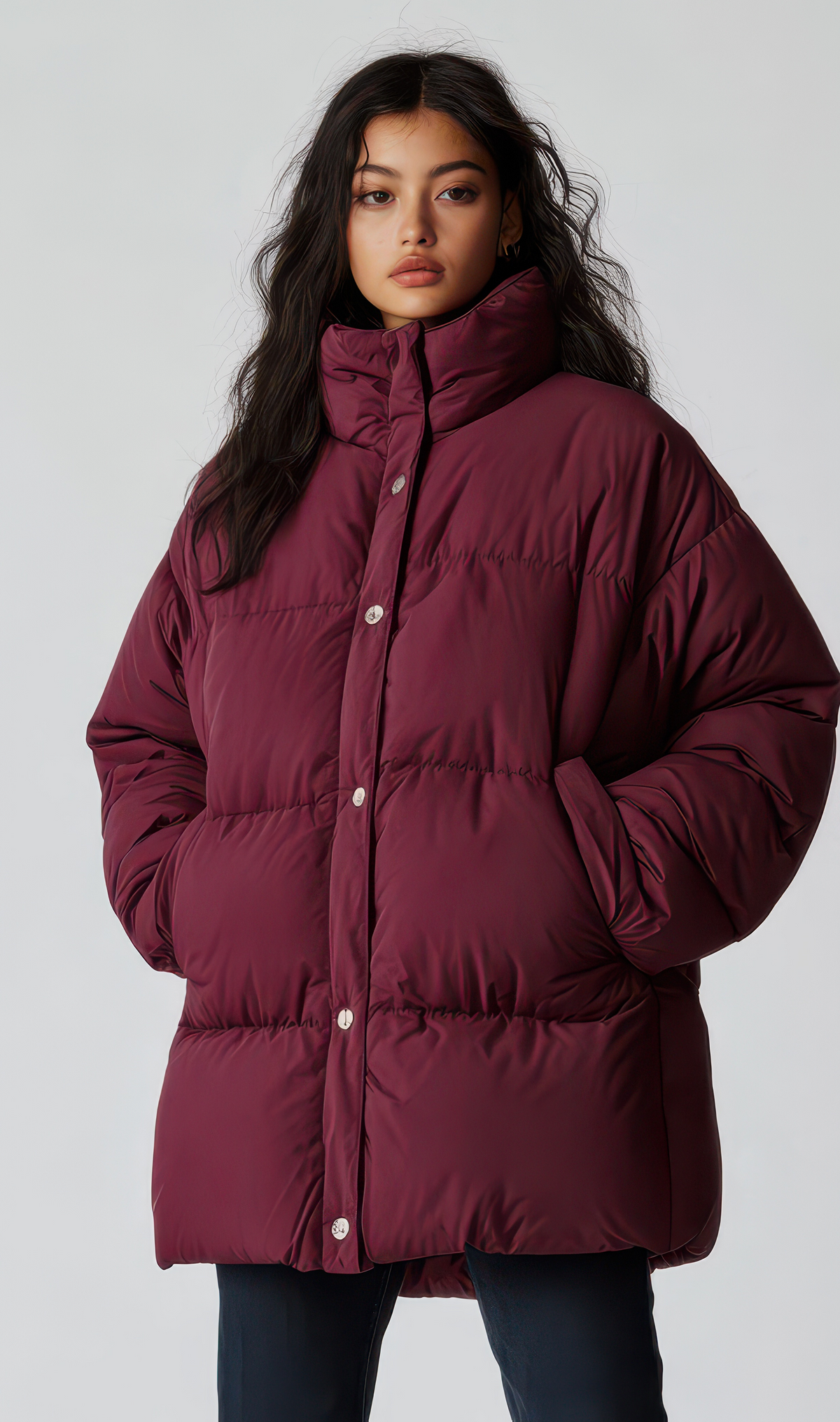 Quilted puffer jacket with raised collar and buttoned front
